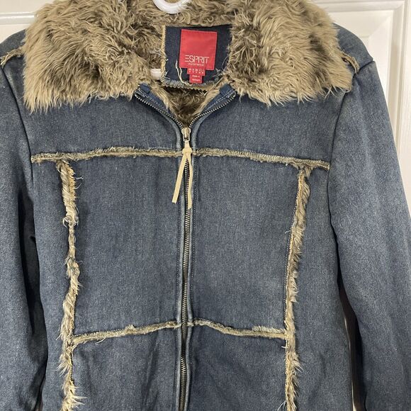 Vintage Jacket Coat Shaggy Penny Lane Denim Faux Fur Women’s Small Y2K Trucker - Picture 3 of 11